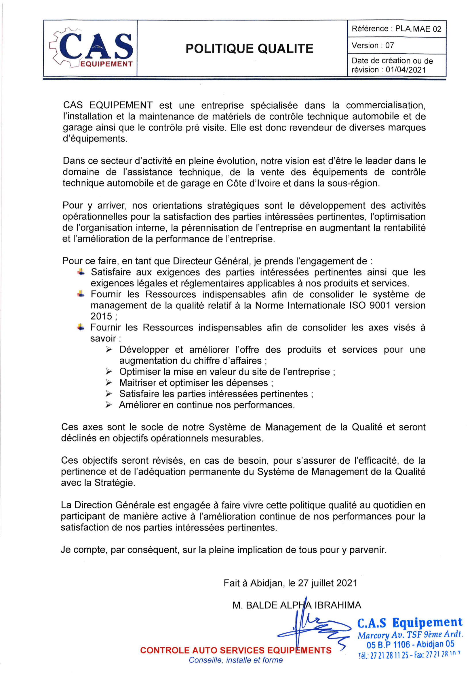 Politique Qualité CAS EQUIPEMENT 2020
